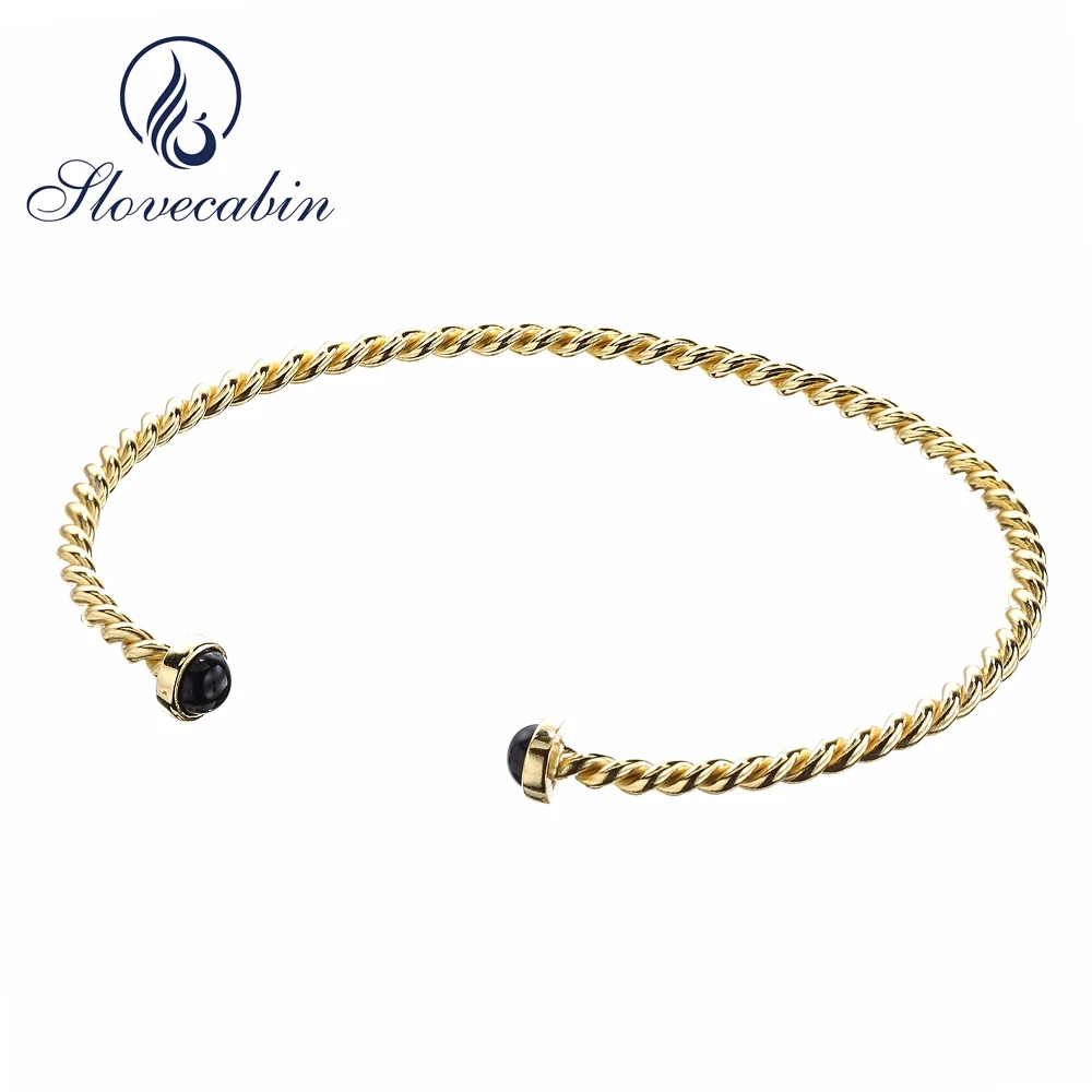 

Slovecabin Eruope Popular 925 Sterling Silver Open Bangle With Two Agate For Women 18K Gold Plated Bracelet & Bangles Pulseras