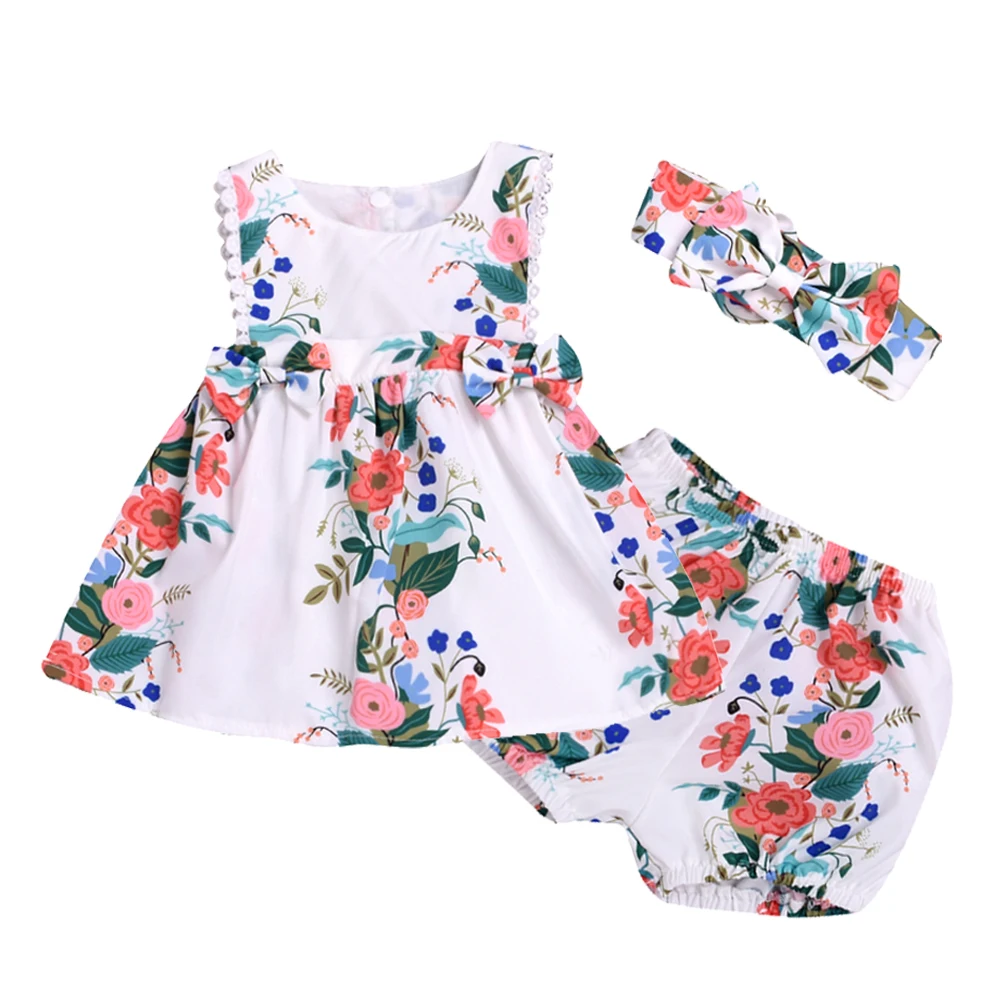 Комплекты одежды для новорожденных девочек от 0 до 24 месяцев, топы с цветочным принтом и бантом+ шорты банданы, летний костюм, комплект одежды