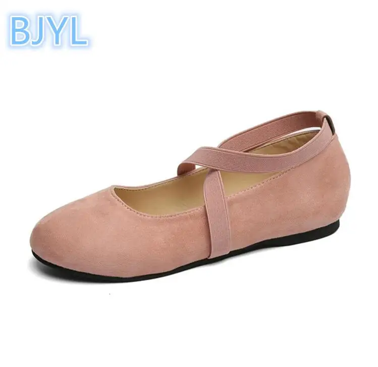 

BJYL Spring and autumn peas shoes elastic band women's shoes round head flat bottom shallow cross straps single shoes ballet