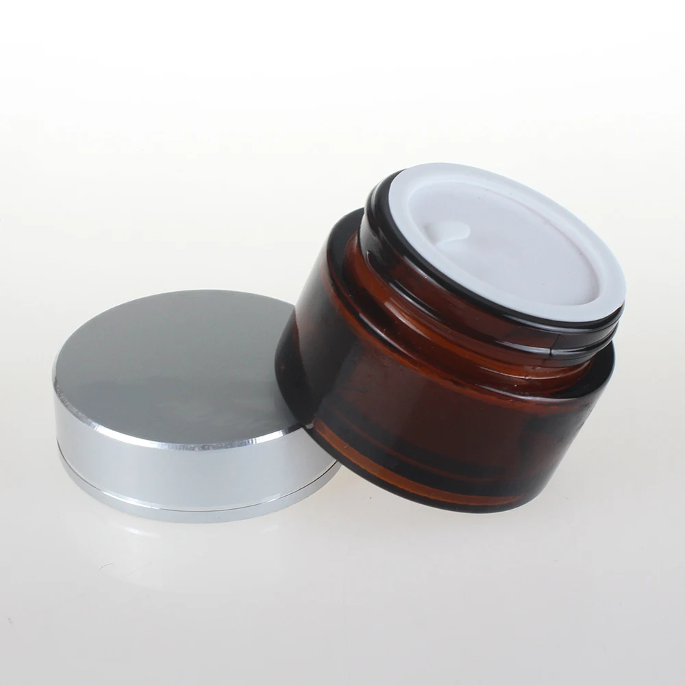 20g amber glass cream jar with shiny silver aluminum lid, 20 gram