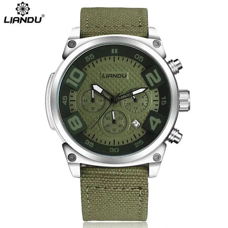 

LIANDU Men's Casual Quartz Watch Chronograph & 3D Engraved Dial Green Canvas Strap Sports Wathches Men