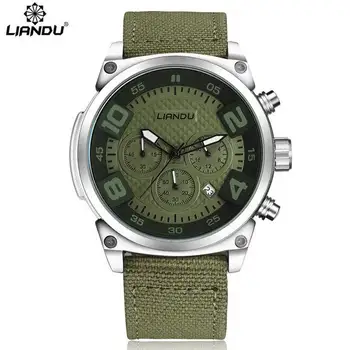 

LIANDU Men's Casual Quartz Watch Chronograph & 3D Engraved Dial Green Canvas Strap Sports Wathches Men