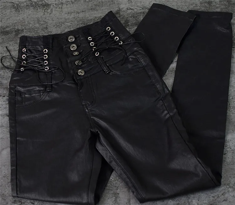 Stretch jeans stretch jeans for women's wear ultra high waist strap decorative coating leather stretch jeans PU large size (10)