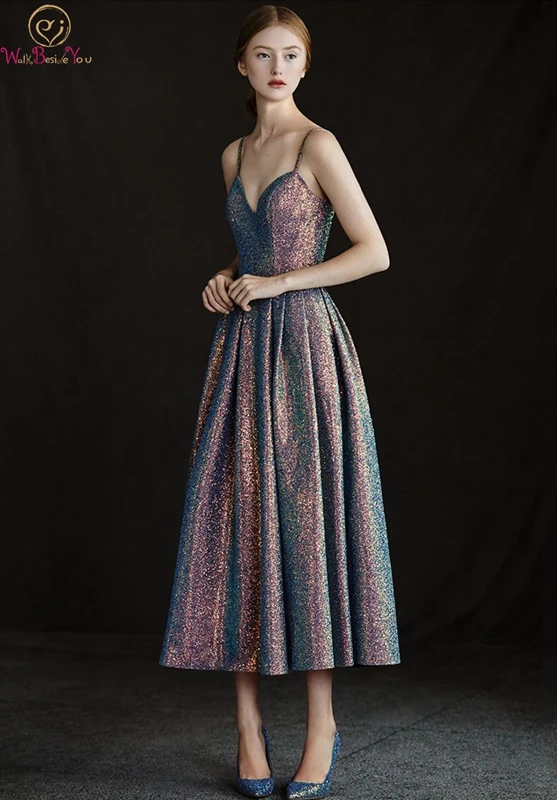 

Backless Prom Dress 2019 New Spaghetti Strap Sleeveless Tea-length A-line Sexy Neck Sequined Bling Simple Custom Made Party Gown
