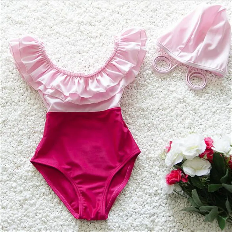 

In 2019 new children Siamese triangle + supporting cap 2 Piece Swimsuit swimsuit girl girls, children's swimwear, pink yellow