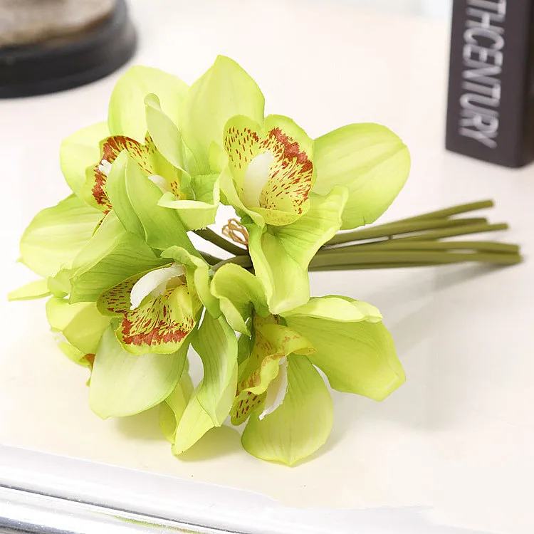 Настоящее прикосновение cymbidium 7 головок короткая съемка украшение стола цветок DIY Свадебные невесты ручной цветы домашний декор искусственная Орхидея