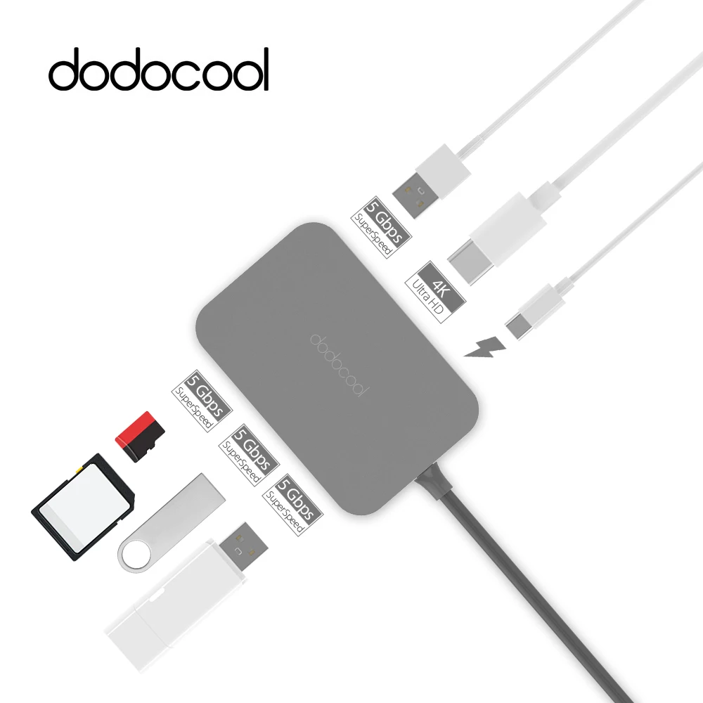 dodocool USB Hub 7-in-1 USB C Hub with 4k Video HDMI Type-c Hub USB 3.0 Hub for MacBook Pro Samsung Galaxy S9 S8 USB Splitter