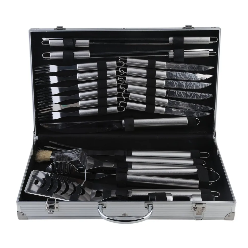 24 PCS Stainless Steel BBQ Utensil Set With Portable Aluminum Box