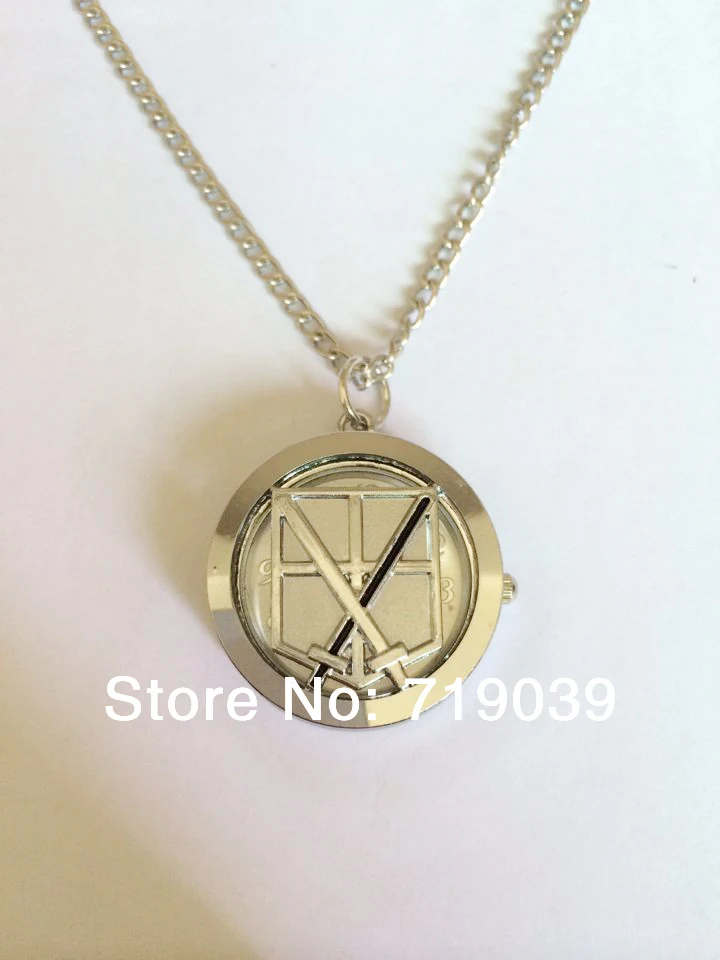 

10pcs/lot Fashion silver charm Movie jewelry Attack on Titan Training corps anime pocket watch necklace,original factory supply