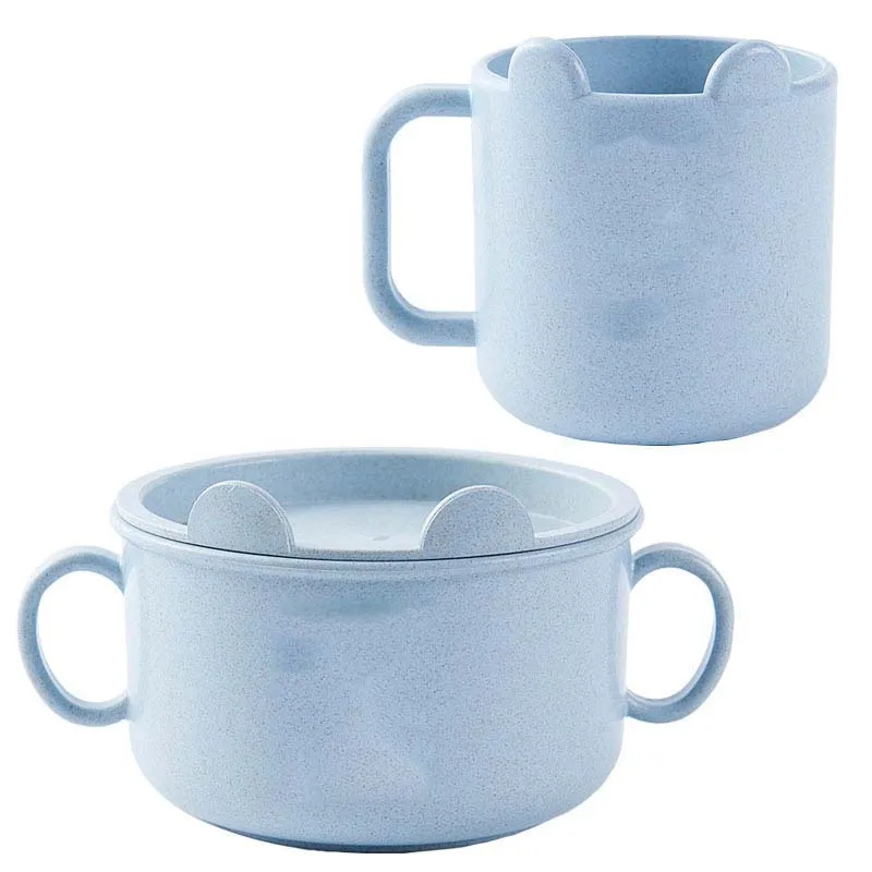 Комплект из 2 предметов, бутылочка для воды для малышей, дети младенец Начинающий ходить малыш с ручкой от падения, чашка, карамельный цвет, молоко, кофе, питьевая чашка кружка с чашей - Цвет: Blue Cup x Bowl