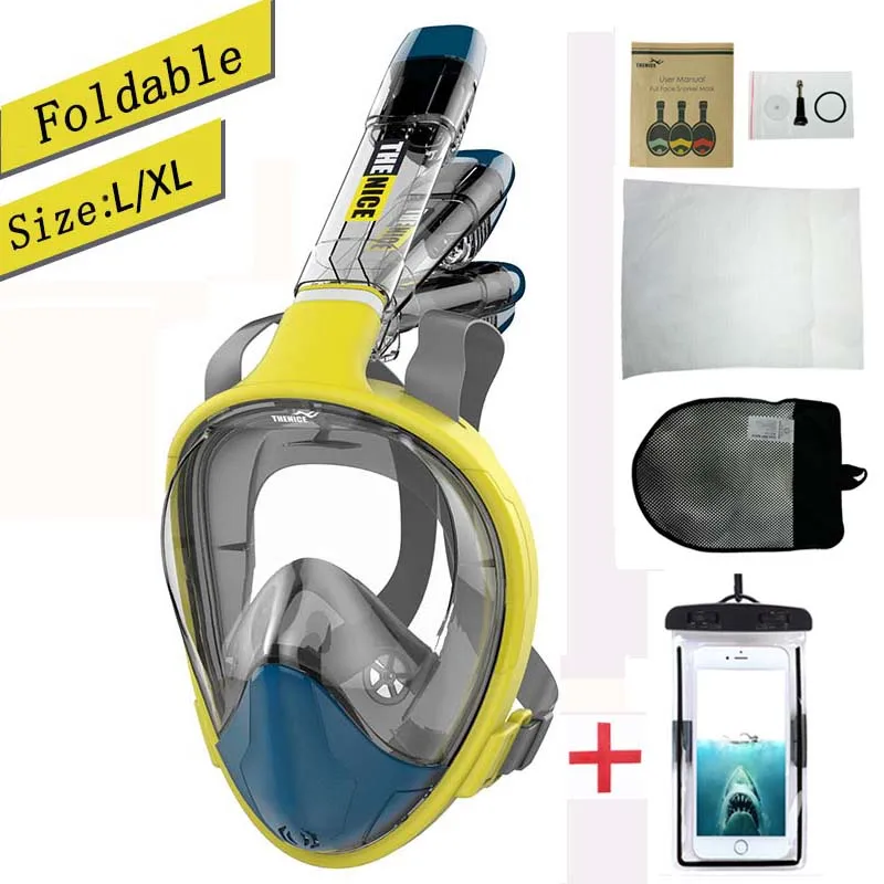 Маска для плавания с полным лицом, складная маска для подводного плавания, маска для подводного плавания, профессиональное оборудование для дайвинга - Цвет: Yellow L XL
