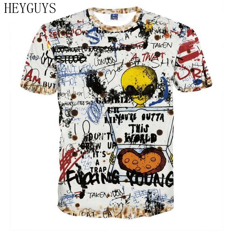 

HEYGUYS Mens Short Sleeve T-shirt Hip Hop Tee Shirts Loose Graffiti Hand-Painted Alien 2018 Summer Unisex Couple Tshirt S--5XL