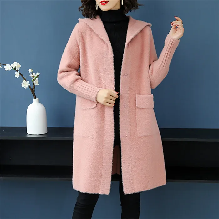 3XL Брендовое женское длинное шерстяное пальто осень-зима Новое плотное теплое пальто с капюшоном однотонное повседневное дикое Женское пальто - Цвет: Розовый
