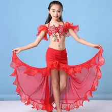 Летняя детская одежда для танца живота, танцевальная одежда, Сказочный Бюстгальтер, длинная юбка, комплект для восточных танцев, красный