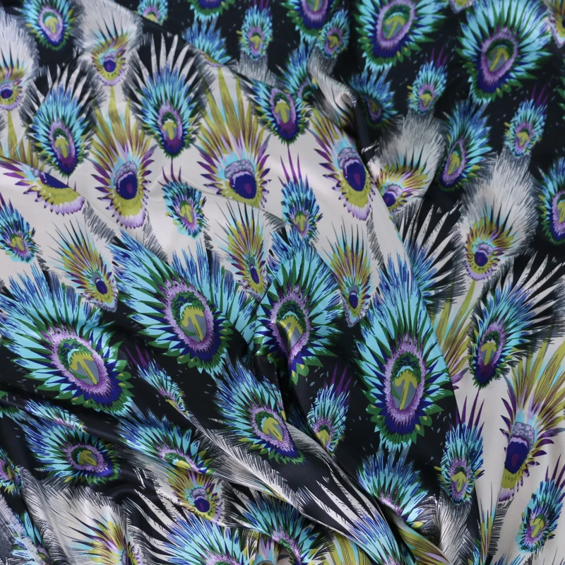 

Vintage peacock feather print charmeuse fabric cloth satin polyester