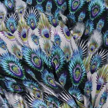 

Vintage peacock feather print charmeuse fabric cloth satin polyester