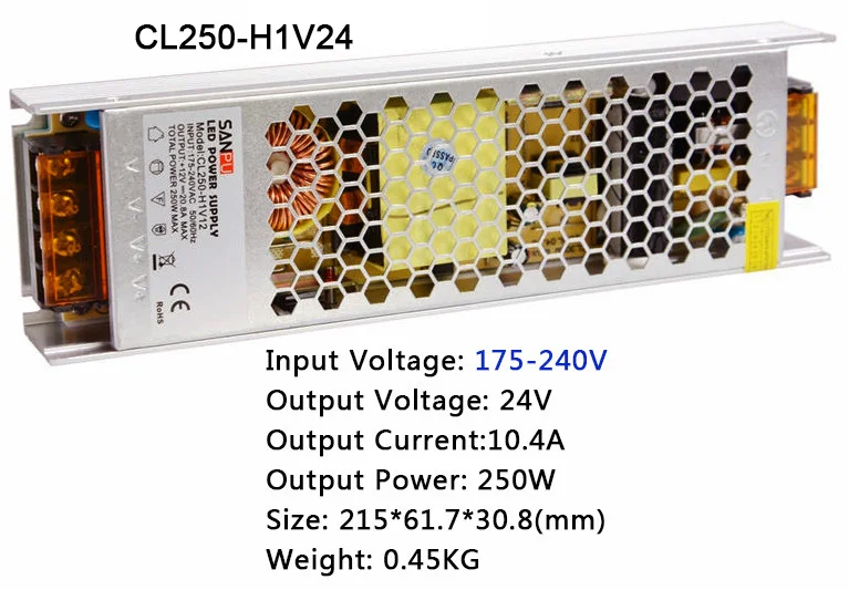 Сверхтонкий источник питания высокого напряжения 60 Вт/100 Вт/150 Вт/200 Вт/250 Вт/300 Вт 110-240 В Светодиодный драйвер для светодиодной ленты светильник - Цвет: 24V  10.4A  250W
