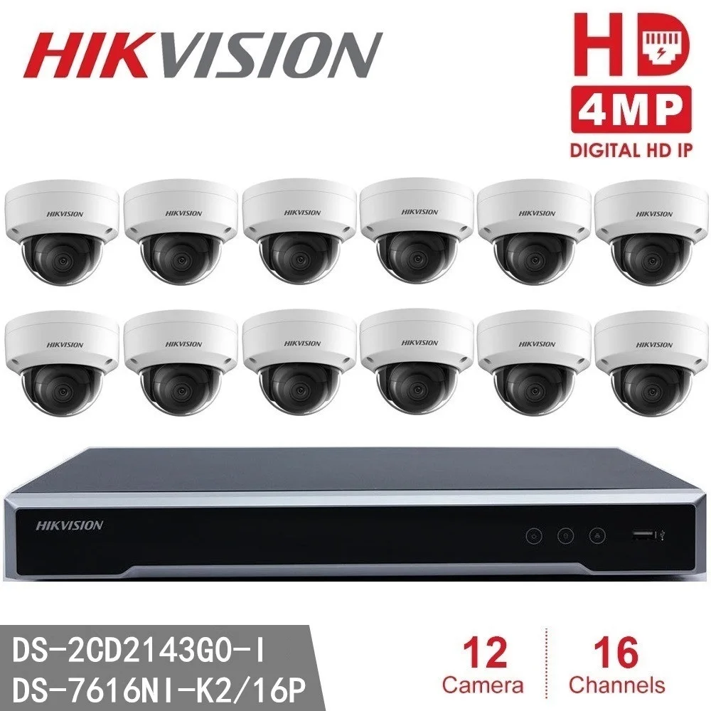 Hikvision видеонаблюдения Наборы DS-7616NI-K2/16 P Embedded Plug & Play H.265 4 K NVR и 12 шт DS-2CD2143G0-I 4MP ИК безопасности IP