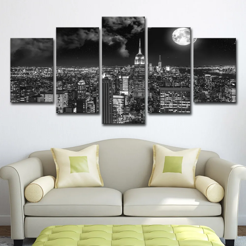 5P0175 Canvas Prints Poster Wall Art Pictures 5 Pieces Surreal City Night Brightly Moon Landscape Paintings Living Room Decor Framework  (21)