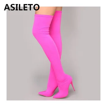 

ASILETO Ins Over knee thigh high boots zipper Candy color Stretch Pointed toe stiletto high heels Spring Autumn Party slim booti