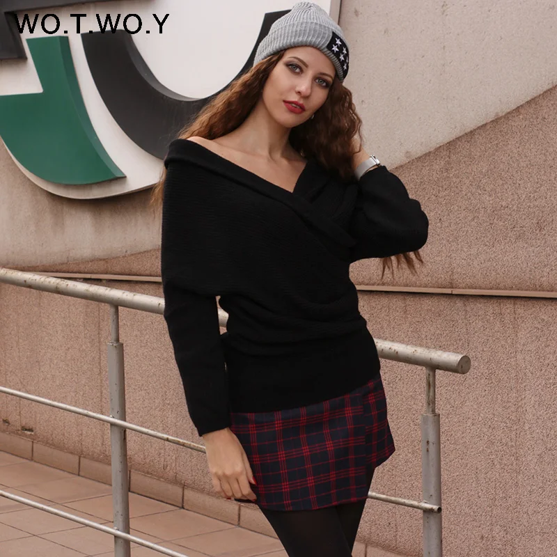 WOTWOY Sexy V Neck Cross Knitted Sweater Women Pullover Hollow Out 2018 Winter Cashmere Women Sweater Backless Streetwear Jumper