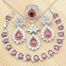 Серебро 925 комплекты украшений для женщин Свадебные красный фианит кольцо браслет кулон серьги ожерелье свадебные ювелирные украшения