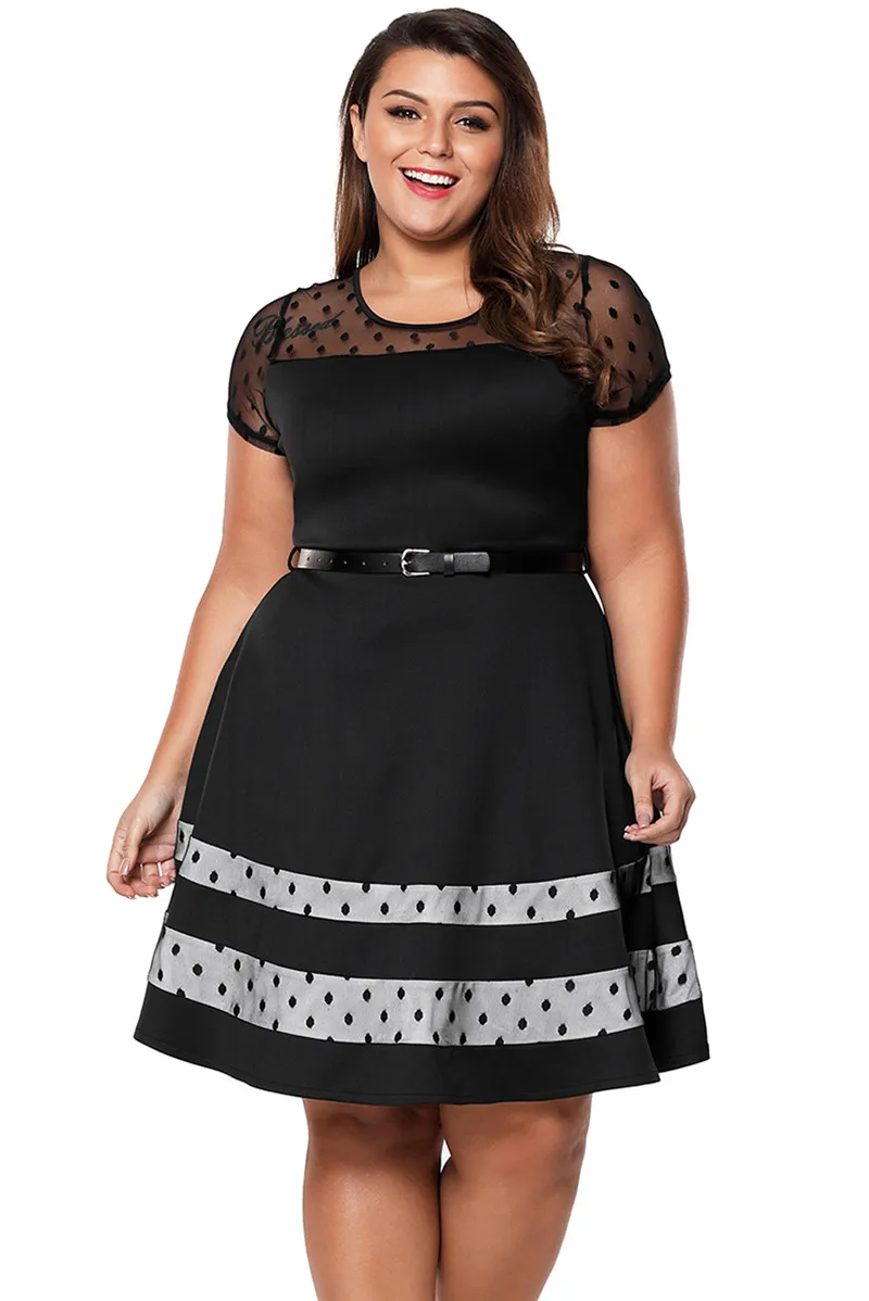 Black-Dotted-Mesh-Insert-Flare-Plus-Size-Dress-with-Belt-LC61970-2-5