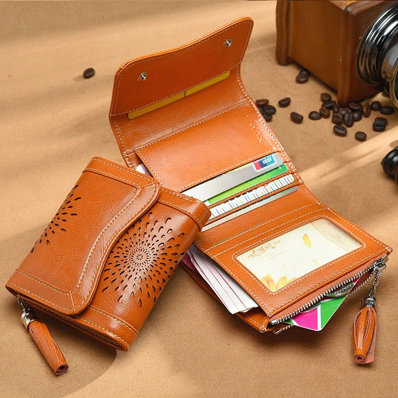 New Hollow Sunflowers Genuine Leather Women Wallets Fashion Retro Female Short Wallets Three Fold Small Wallet ~16P7