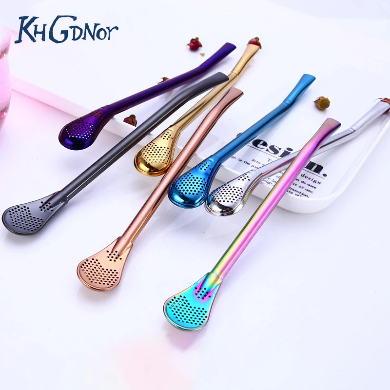 

KHGDNOR Creative Stainless Steel Straw Reusable Metal Drinking Straws Stirring Spoon Filtered Teaspoon Coffee Stirrer