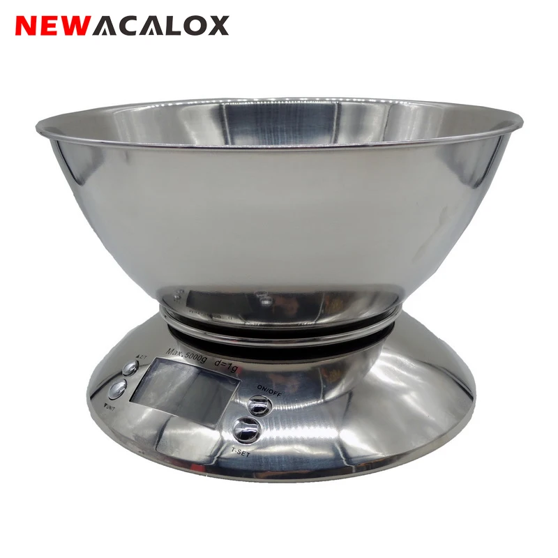 

NEWACALOX 5kg*1g Digital Kitchen Scales Stainless Steel LCD Display Electronic Weight Scale Food Balance with Bowl Cooking Tool