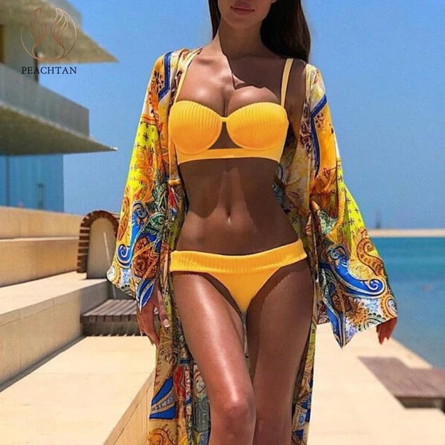 {Excellent|Wonderfull|Very Good|Very Recommended} Peachtan Push up bikinis 2019 mujer Strappy swimwear women Yellow swimsuit female Sexy bathing suit Thong two-piece suits new Cheap Price