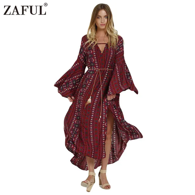ZAFUL Новый Весной Старинных Халат Женщины Dress Ethinc Печати С Длинным Рукавом Сплит Хлопок платья Проймы Сплит Подол Dress Vestidos