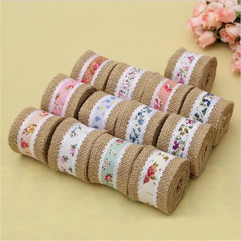 

2Meter Width 5cm Jute Burlap Rolls Hessian Ribbon With Lace Vintage Rustic Wedding Decoration Ornament Burlap Wedding Favor