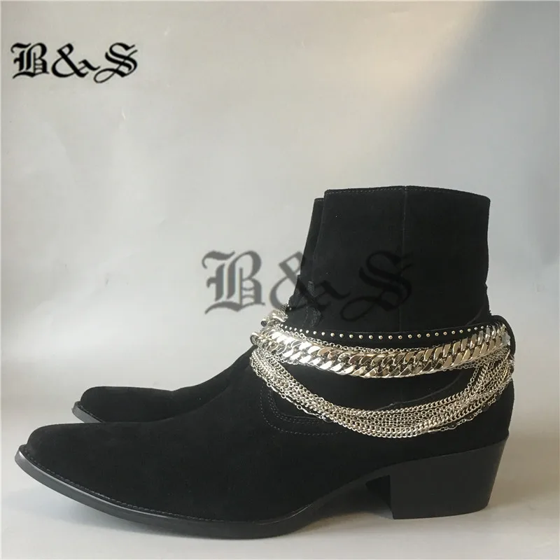 Черные и уличные мужские ботинки ручной работы на танкетке; замшевые ботинки с бахромой и серебряной цепочкой; эксклюзивные качественные ботинки