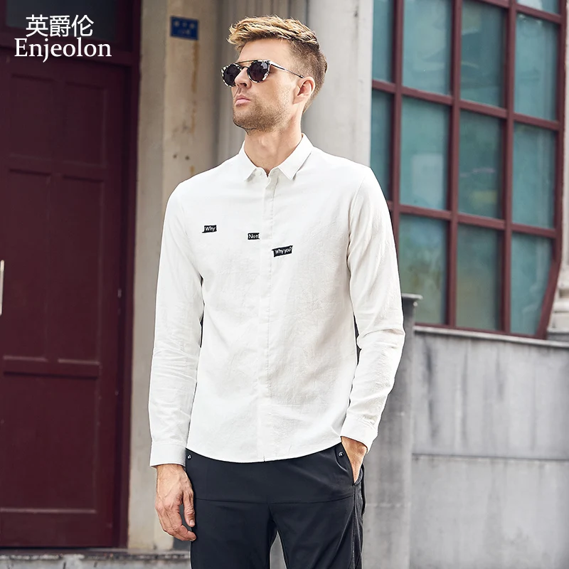 Enjeolon brand new casual Men Shirts long sleeve cotton shirt for men Base words printing Shirts Men Clothes CXCY2514-1