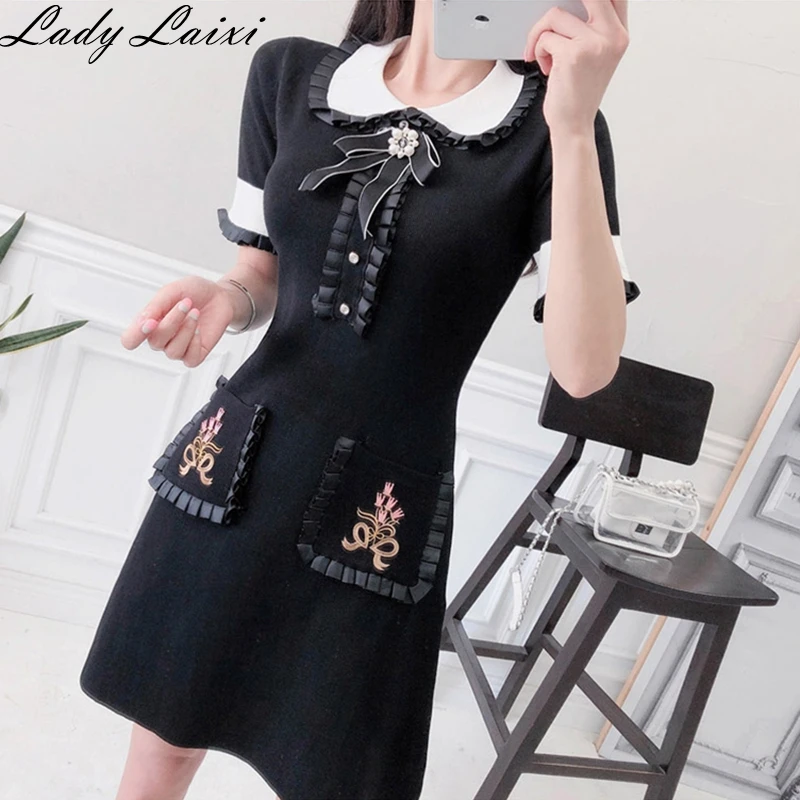 

2019 Summer Elegant Sweet Ladies Knit Dress Peter Pan Collar Bow Short Sleeve Floral Embroidery Pockets A Line Short Women Dress