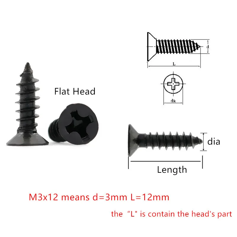 Phillips Винты M1.2/M1.4/M1.7/M2/M2.3/M2.6/M3* 3/4/5/6/8/10 мм винт с потайной плоской/полукруглой потайной головкой Самонарезающий винт с плоской головкой, черного цвета с отделкой болты