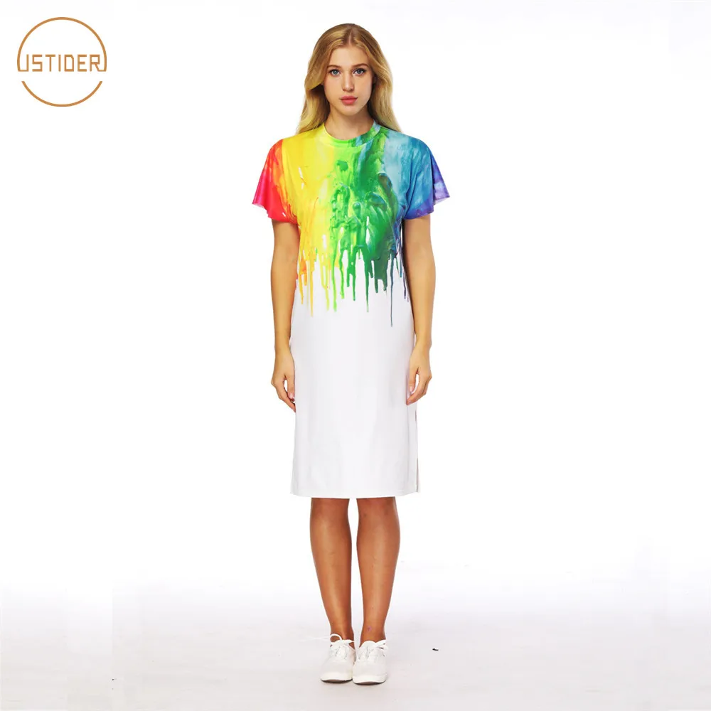 

ISTider 2018 New Summer Dress Women Colorful Paint Printing 3D Dresses Casual Short Sleeve O-Neck T Shirt Dress Sexy Slit Dress