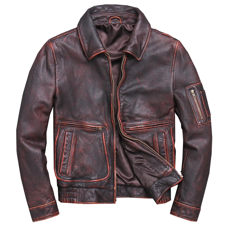 

HARLEY DAMSON Vintage Brown USAF Military Pilot Leather Jacket Plus Size 5XL Genuine Cowhide Spring Short Aviator Leather Coat