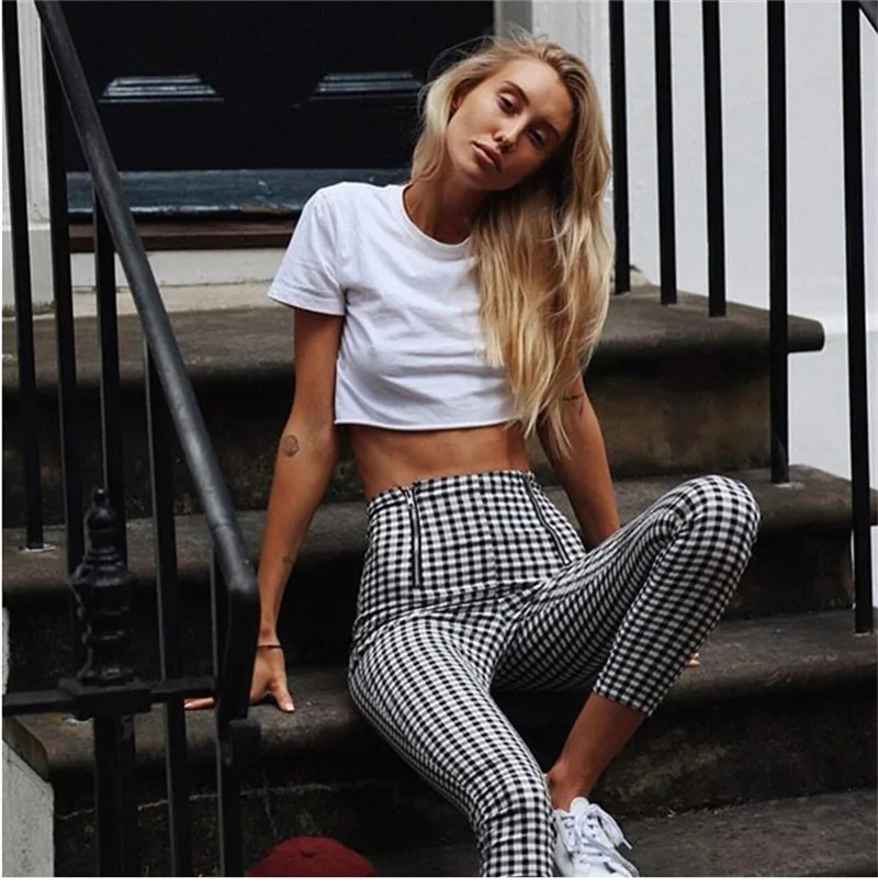 high waisted black and white plaid pants