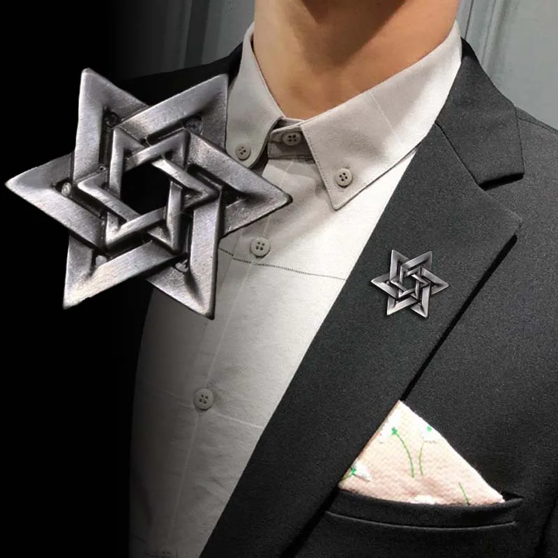 

High-grade Original Flash Hexagonal Six-pointed Star Brooch Male Suit Collar Needle Pins Brooches Accessories Badge Men Jewelry
