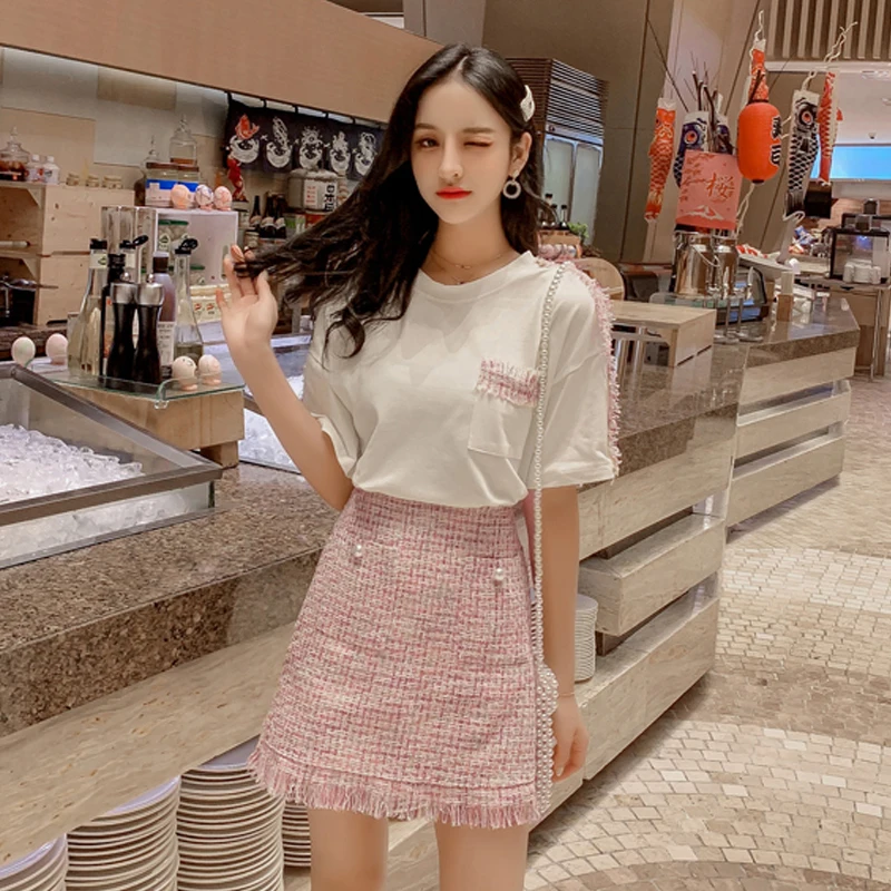 

Summer Autumn Woolen Tweed Skirt Suit Two piece set Women Tweed-trimmed Tshirt and Tassel Bodycon Skirt Sweet Girls Suit