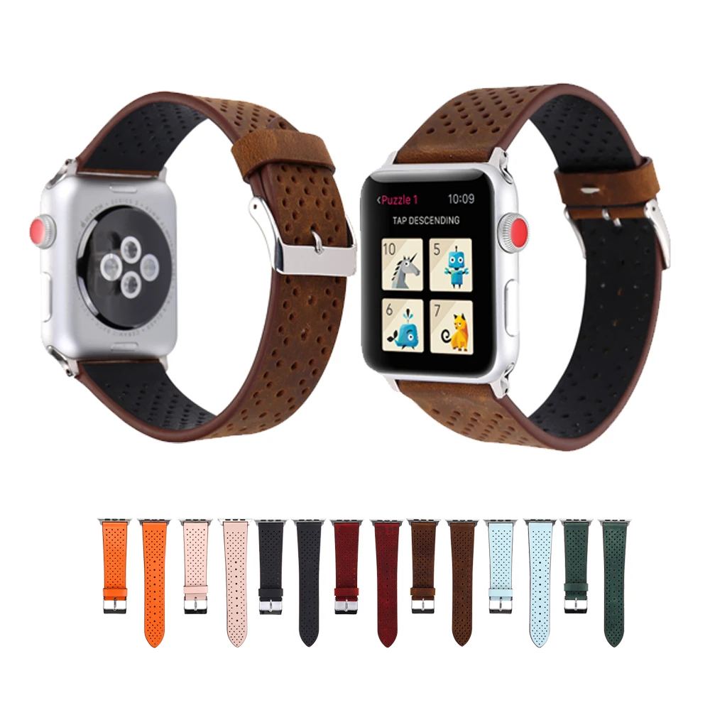 

vintage Genuine leather strap For Apple watch band 42mm/38mm iwatch series 3/2/1 breathable bracelet watchband with metal buckle