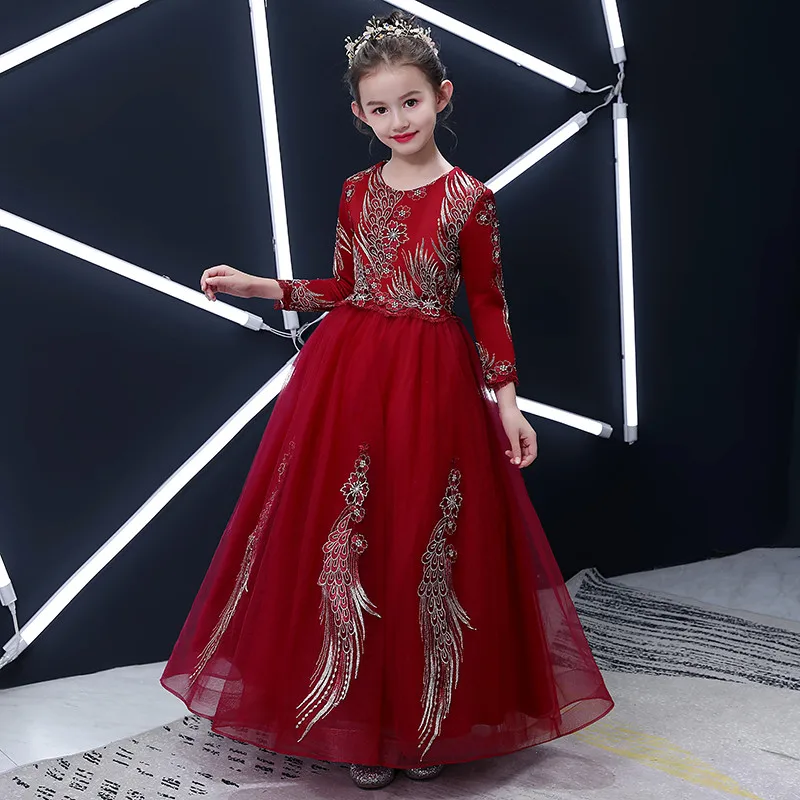 

2018Children Little Girls Elegant Embroidery Flowers New Year Christmas Princess Lace Long Dress Kids Baby Wedding Party Dress