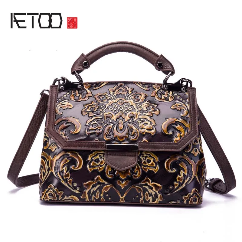 

BJYL Female bag leather fashion trend shoulder retro embossed hand-painted ethnic wind diagonal portable first layer handbag