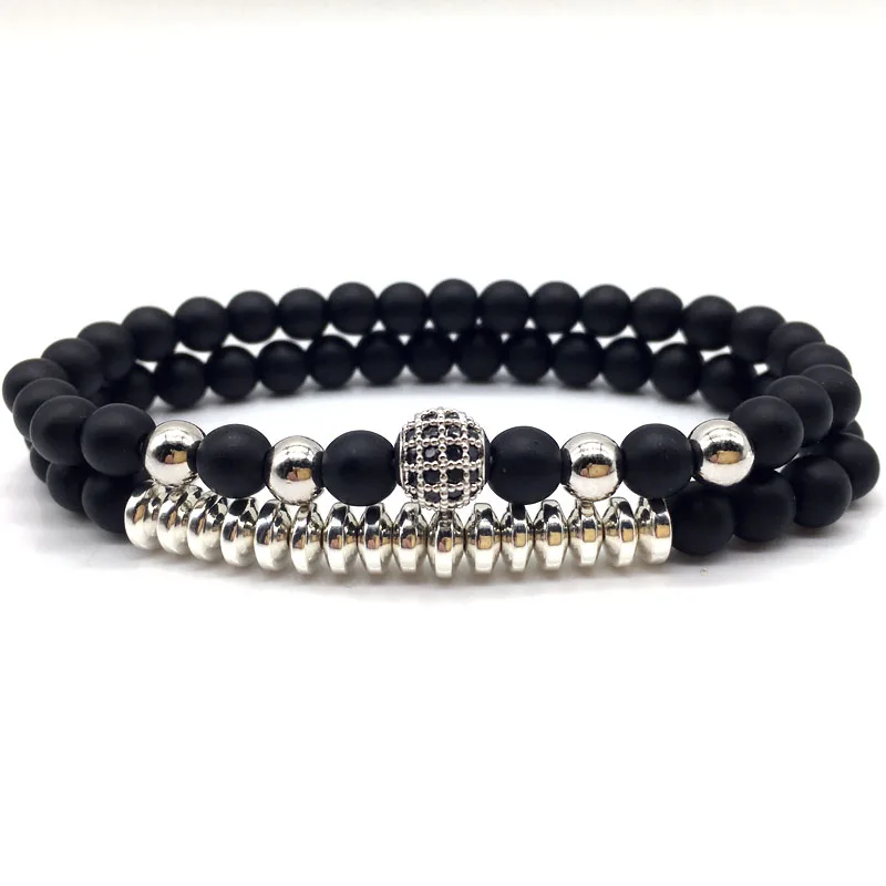 Beaded Bracelet Men Women 2pcs Luxury CZ 8mm Ball Stone Beads Charm