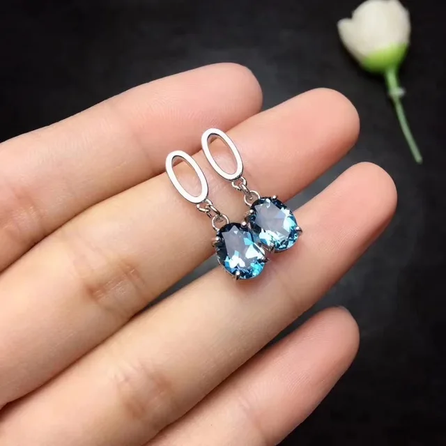 natural blue topaz drop earrings 925 silver Natural gemstone women fashion Elegant round drop
