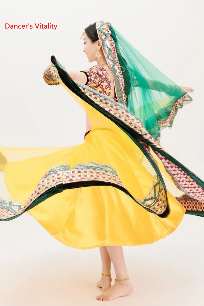 Роскошная Одежда для индийских танцев с вышивкой и блестками, костюм для выступлений, топы+ большая юбка-качели+ вуаль, комплект из 3 предметов для взрослых, костюмы для танца живота