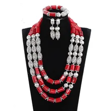 Fantastic Red and Silver Coral Beads Bridal Jewelry Sets Elegant Women Brides Coral Statement Necklace Set 2017 CNR836