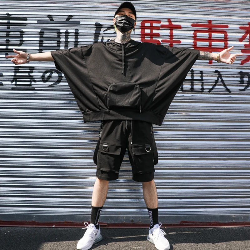 2019 Hip Hop Summer Men's Black Ribbons Streetwear Bermuda Zipper Pockets Shorts Male Punk Casual Knee Length Short SweatPants